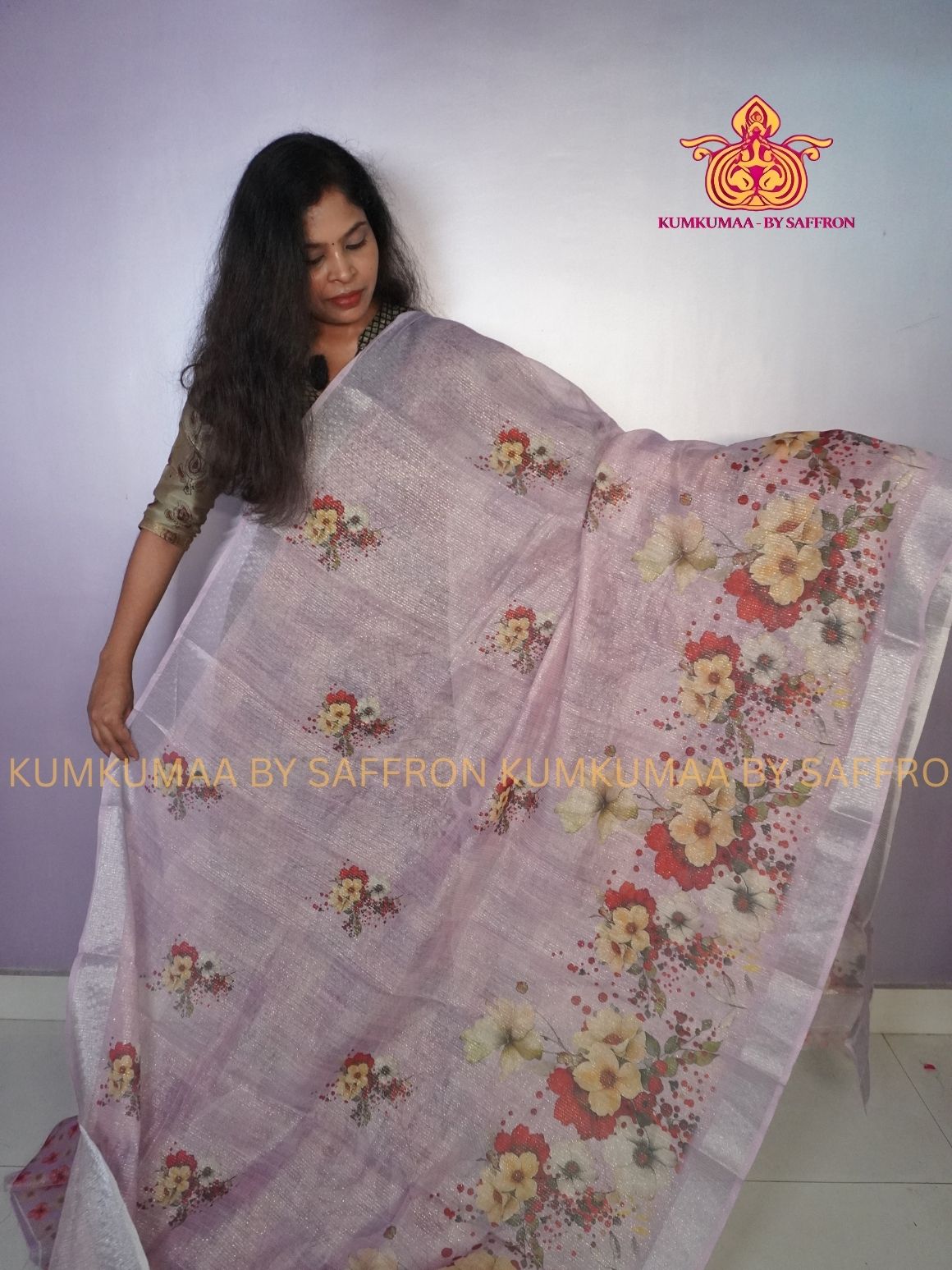 SHIMMER LINEN COTTON- ICY LAVENDER COLOUR SAREE- PINK FLORAL DESIGN - ELEGANT TRENDY SAREE - WITH BLOUSE - Kumkumaa exclusive - Comfort wear Collection- Trendy and comfortable