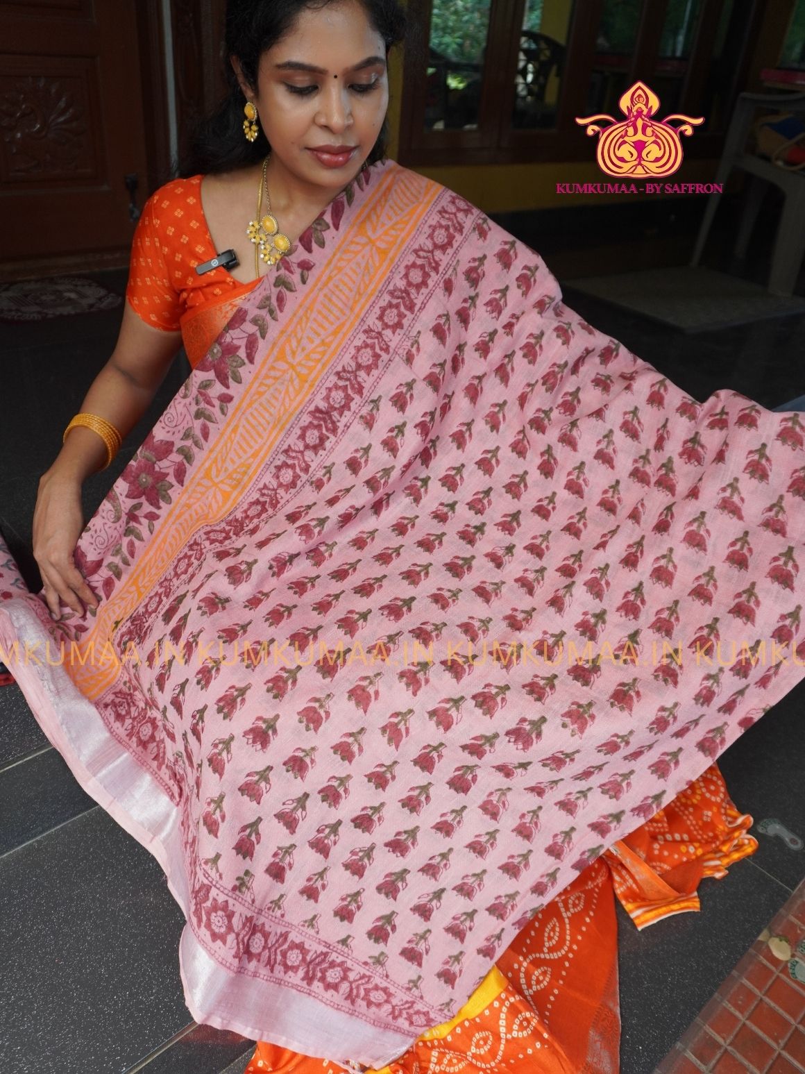 LINEN COTTON- BABY PINK WITH RED FLORAL DESIGN PRINTED SAREE- Soft and comfortable everyday wear saree - WITH BLOUSE - Kumkumaa exclusive - Comfort wear Collection- Trendy and comfortable