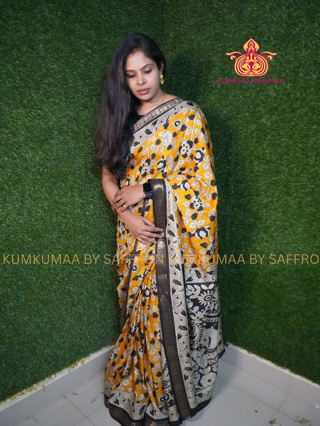 DOLA SILK - KALAMKARI SAREE- YELLOW AND BLACK SAREE -SOFT AND COMFORTABLE WITH BLOUSE -MAHESHWARI SILK SAREE KUMKUMAA SPECIAL EXCLUSIVE AND ELEGANT