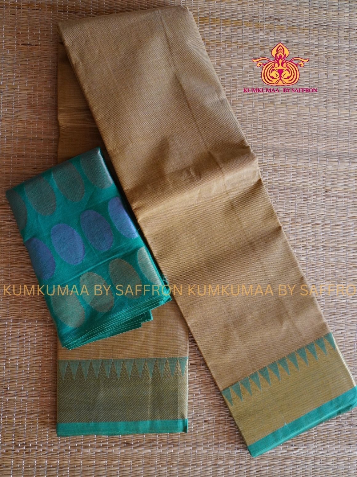 CHETTINAD COTTON - BEIGE SAREE WITH TURQUOISE BORDER - SOFT AND COMFORTABLE - Kumkumaa Exclusive COMFORT EVERYDAY SAREE