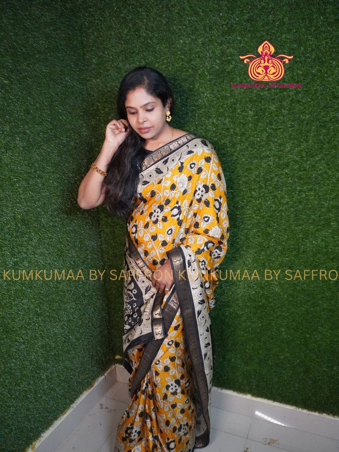 DOLA SILK - KALAMKARI SAREE- YELLOW AND BLACK SAREE -SOFT AND COMFORTABLE WITH BLOUSE -MAHESHWARI SILK SAREE KUMKUMAA SPECIAL EXCLUSIVE AND ELEGANT