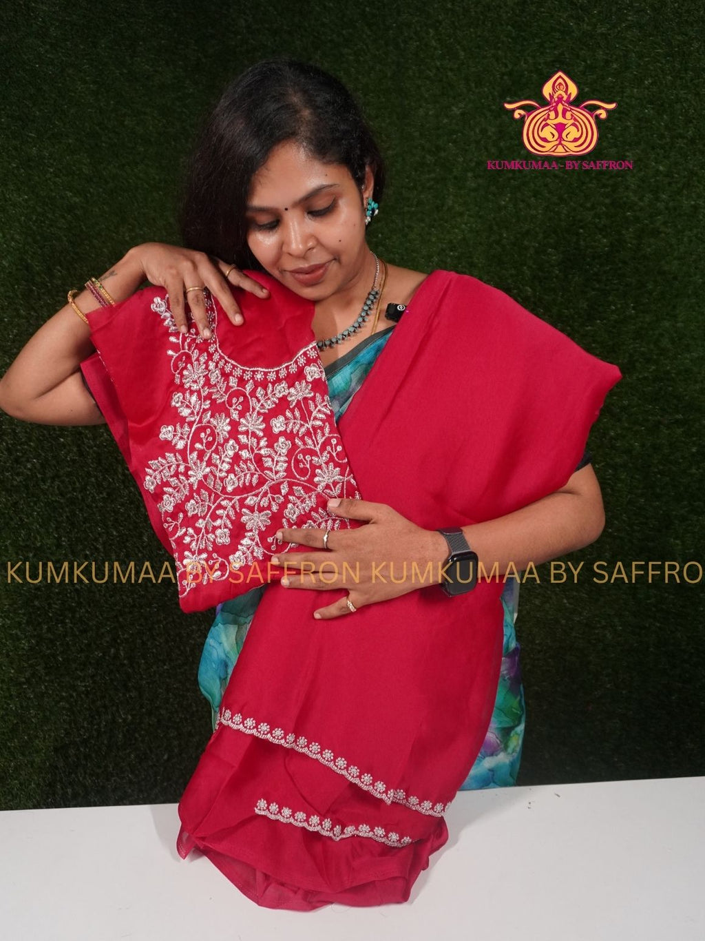GEORGETTE- RED SAREE WITH EMBROIDERY BLOUSE - PARTY WEAR - EXCLUSIVE KUMKUMAA COLLECTION- FLOWY MATERIAL -CHIC AND GORGEOUS
