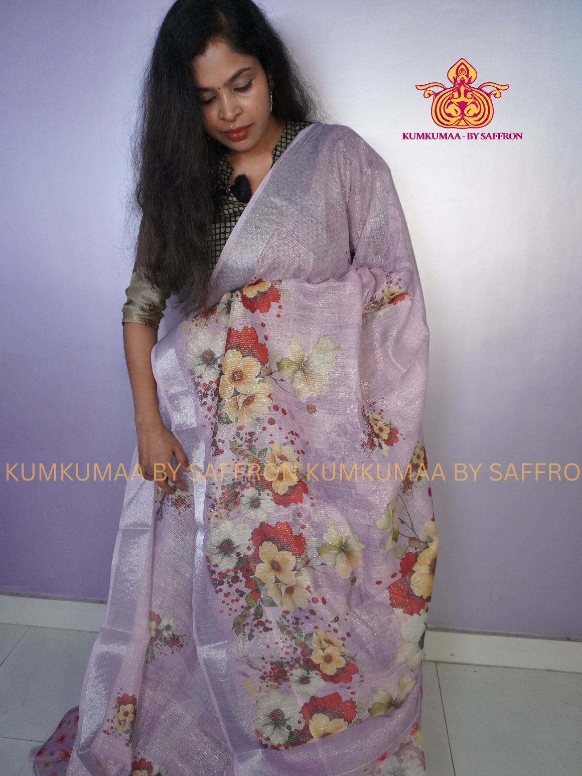 SHIMMER LINEN COTTON- ICY LAVENDER COLOUR SAREE- PINK FLORAL DESIGN - ELEGANT TRENDY SAREE - WITH BLOUSE - Kumkumaa exclusive - Comfort wear Collection- Trendy and comfortable