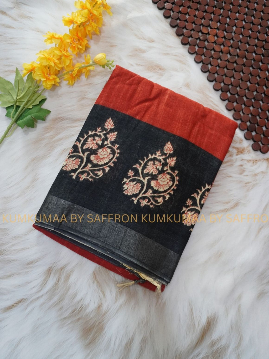 LINEN COTTON- ORANGE WITH BLACK FLORAL DESIGN PRINTED SAREE- Soft and comfortable everyday wear saree - WITH BLOUSE - Kumkumaa exclusive - Comfort wear Collection- Trendy and comfortable