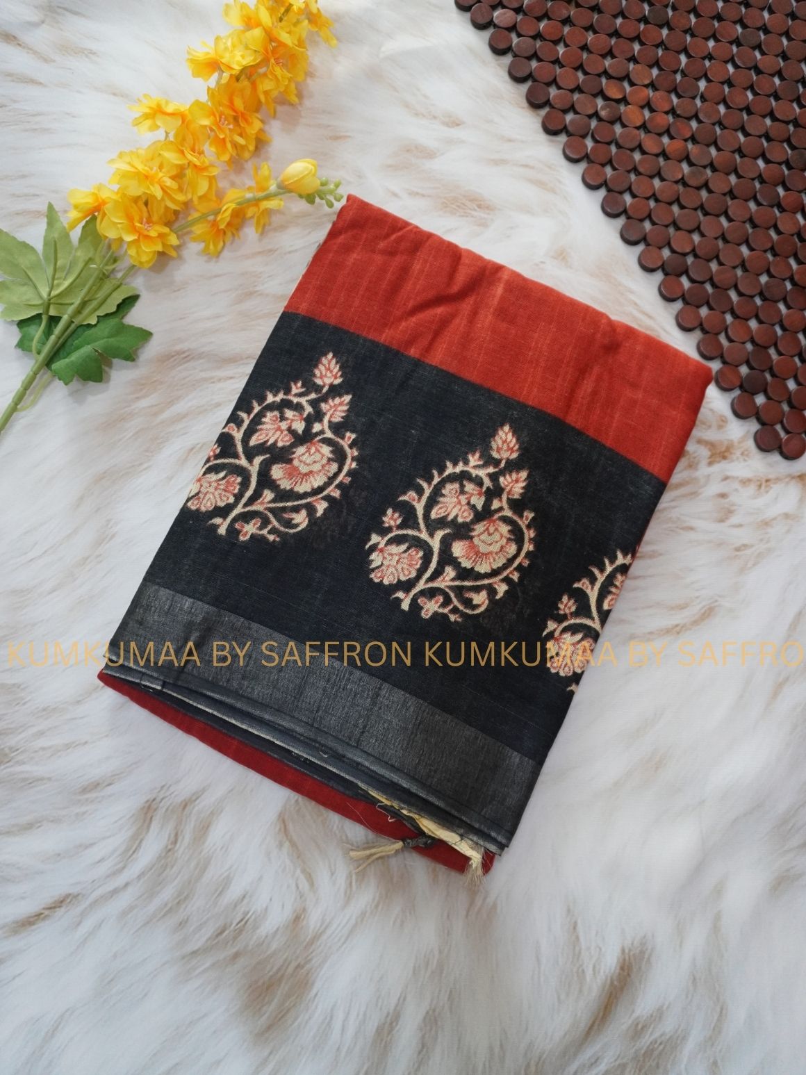 LINEN COTTON- ORANGE WITH BLACK FLORAL DESIGN PRINTED SAREE- Soft and comfortable everyday wear saree - WITH BLOUSE - Kumkumaa exclusive - Comfort wear Collection- Trendy and comfortable