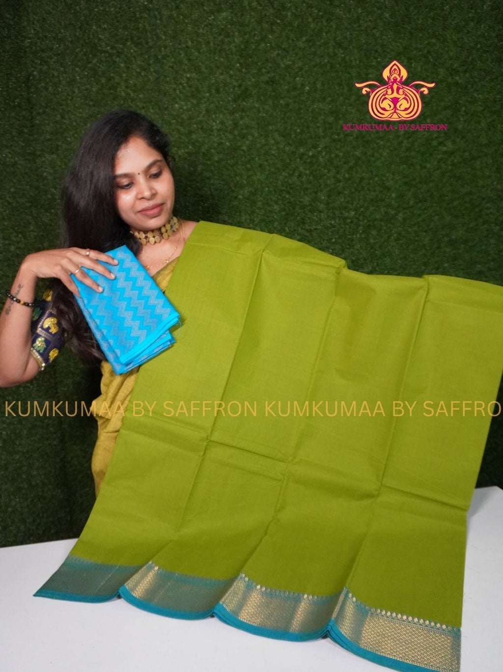 CHETTINAD COTTON - LIGHT GREEN SAREE WITH LIGHT BLUE BORDER- SOFT AND COMFORTABLE - Kumkumaa Exclusive COMFORT EVERYDAY SAREE