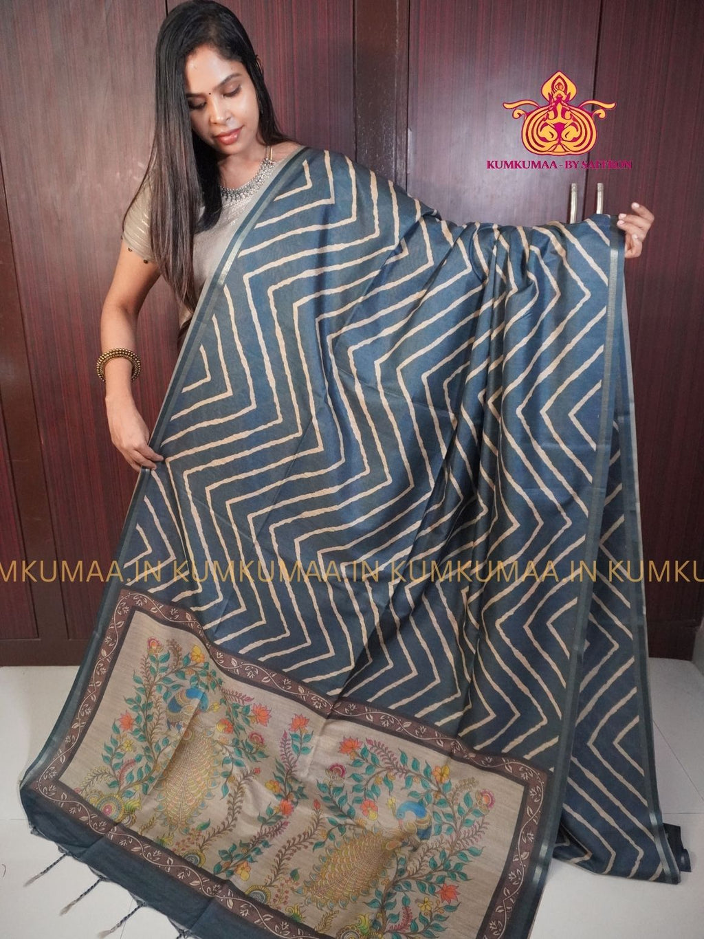 TUSSAR SILK - DARK BLUE COLOUR ZIG ZAG DESIGN SAREE- MEHANDI DESIGN PALLU - LATEST COLLECTION - KUMKUMAA BY SAFFRON - UNIQUE DESIGN