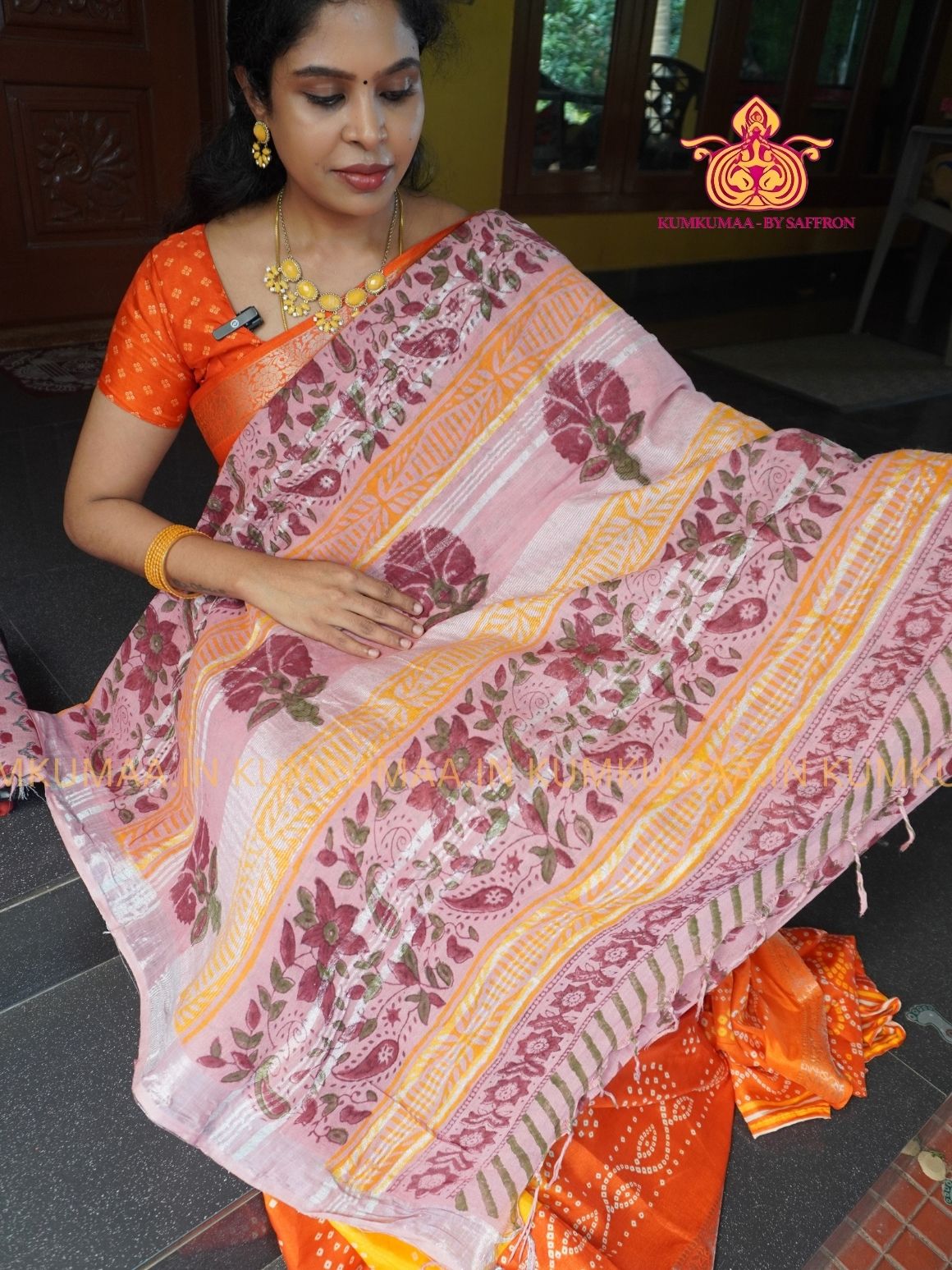 LINEN COTTON- BABY PINK WITH RED FLORAL DESIGN PRINTED SAREE- Soft and comfortable everyday wear saree - WITH BLOUSE - Kumkumaa exclusive - Comfort wear Collection- Trendy and comfortable