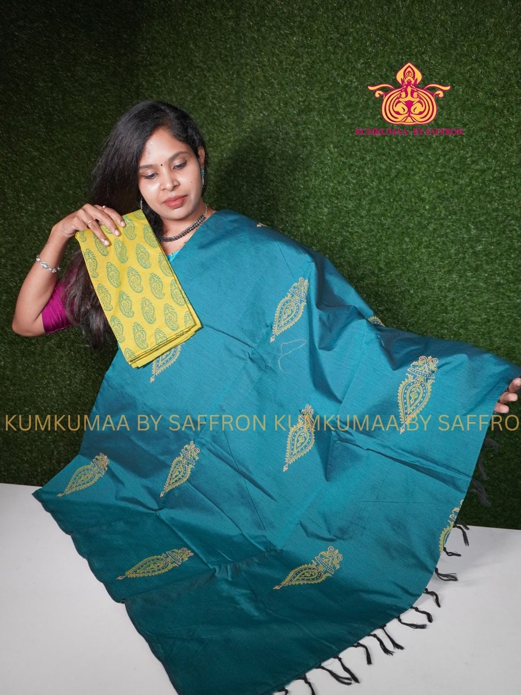 SOUTH COTTON-TEAL GREEN- OLIVE GREEN HAND BLOCK PRINTED SAREE WITH RUNNING BLOUSE PLUS ADDITIONAL BLOUSE PIECE-KUMKUMAA COMFORT WEAR SAREE