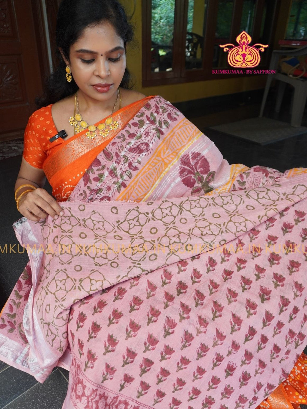 LINEN COTTON- BABY PINK WITH RED FLORAL DESIGN PRINTED SAREE- Soft and comfortable everyday wear saree - WITH BLOUSE - Kumkumaa exclusive - Comfort wear Collection- Trendy and comfortable