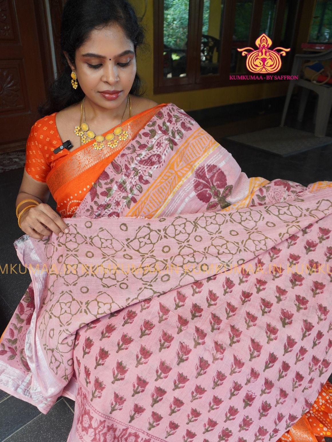 LINEN COTTON- BABY PINK WITH RED FLORAL DESIGN PRINTED SAREE- Soft and comfortable everyday wear saree - WITH BLOUSE - Kumkumaa exclusive - Comfort wear Collection- Trendy and comfortable