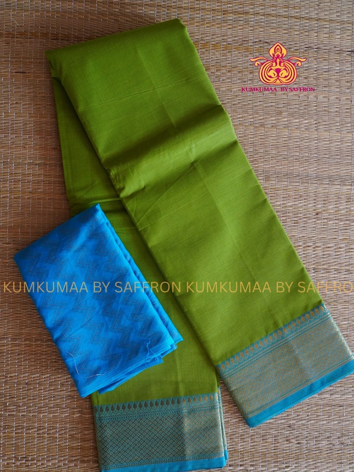 CHETTINAD COTTON - LIGHT GREEN SAREE WITH LIGHT BLUE BORDER- SOFT AND COMFORTABLE - Kumkumaa Exclusive COMFORT EVERYDAY SAREE