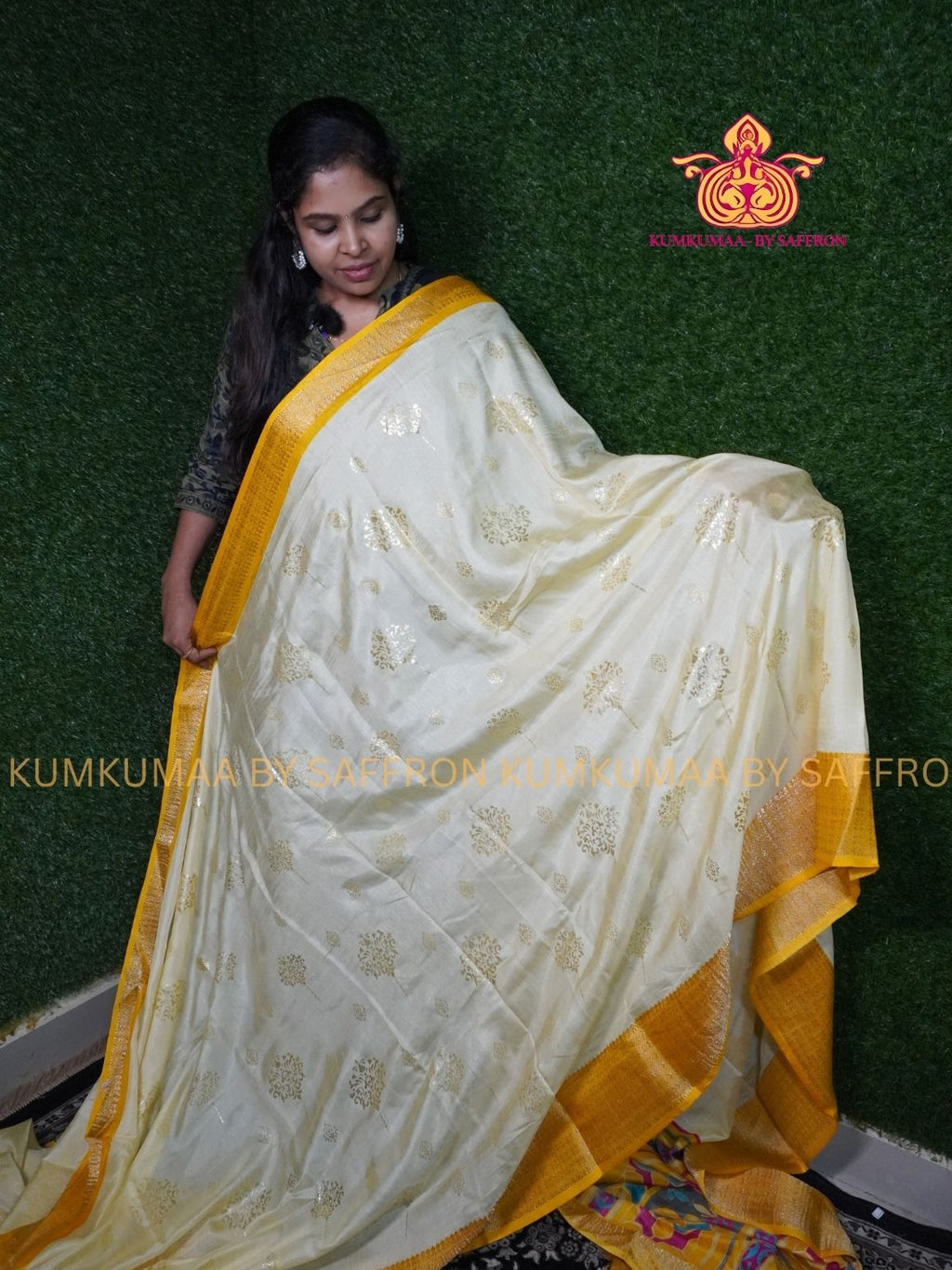 Dola Silk - COMFORTABLE FESTIVE Beautiful saree for women-OFF WHITE-YELLOW COLOUR - FOIL PRINT - ZARI BORDER - KUMKUMAA TRENDY TRADITIONAL WEAR - Comfort - Confidence - Elegance