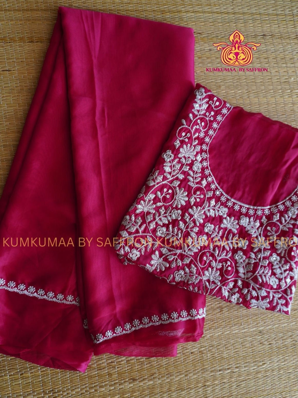 GEORGETTE- RED SAREE WITH EMBROIDERY BLOUSE - PARTY WEAR - EXCLUSIVE KUMKUMAA COLLECTION- FLOWY MATERIAL -CHIC AND GORGEOUS