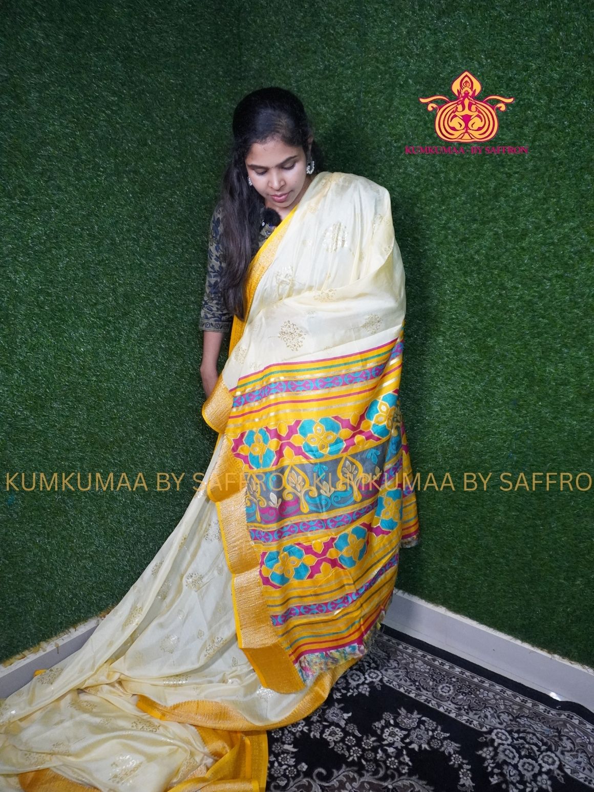 Dola Silk - COMFORTABLE FESTIVE Beautiful saree for women-OFF WHITE-YELLOW COLOUR - FOIL PRINT - ZARI BORDER - KUMKUMAA TRENDY TRADITIONAL WEAR - Comfort - Confidence - Elegance