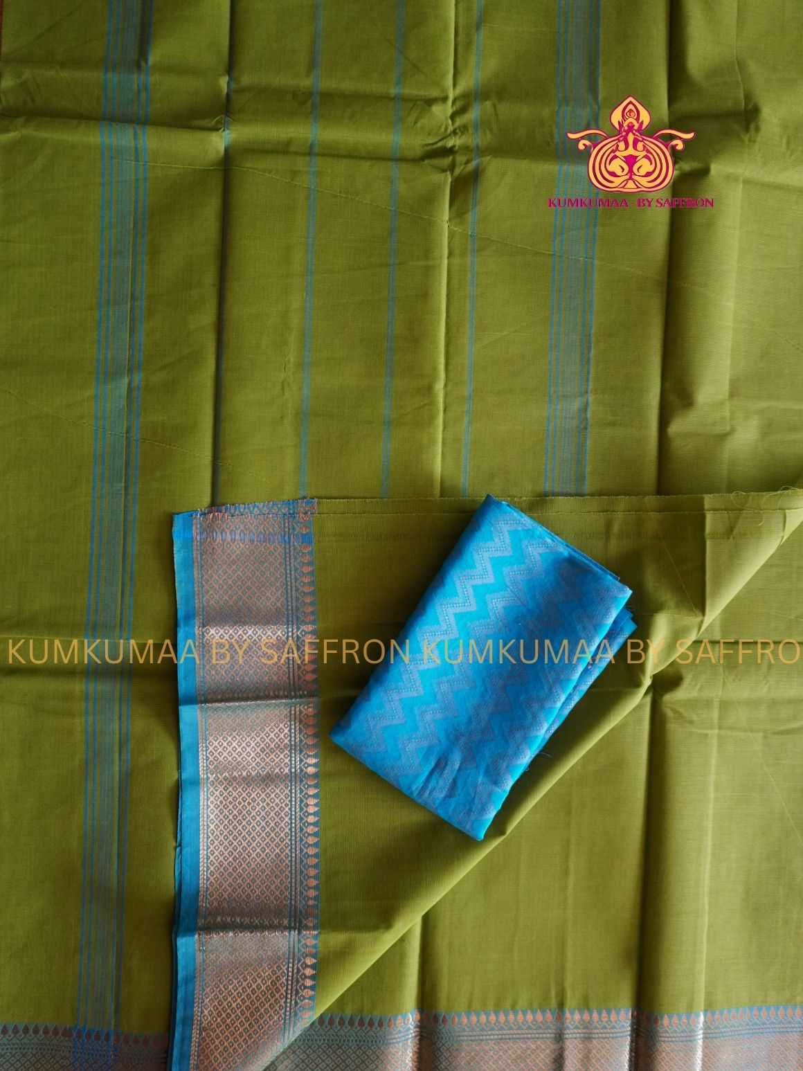 CHETTINAD COTTON - LIGHT GREEN SAREE WITH LIGHT BLUE BORDER- SOFT AND COMFORTABLE - Kumkumaa Exclusive COMFORT EVERYDAY SAREE