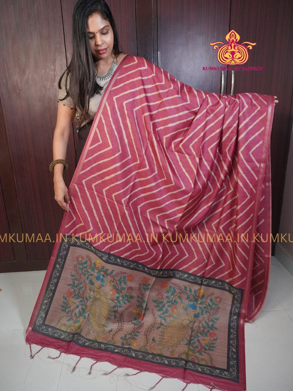 TUSSAR SILK - PINK COLOUR ZIG ZAG DESIGN SAREE- MEHANDI DESIGN PALLU - LATEST COLLECTION - KUMKUMAA BY SAFFRON - UNIQUE DESIGN