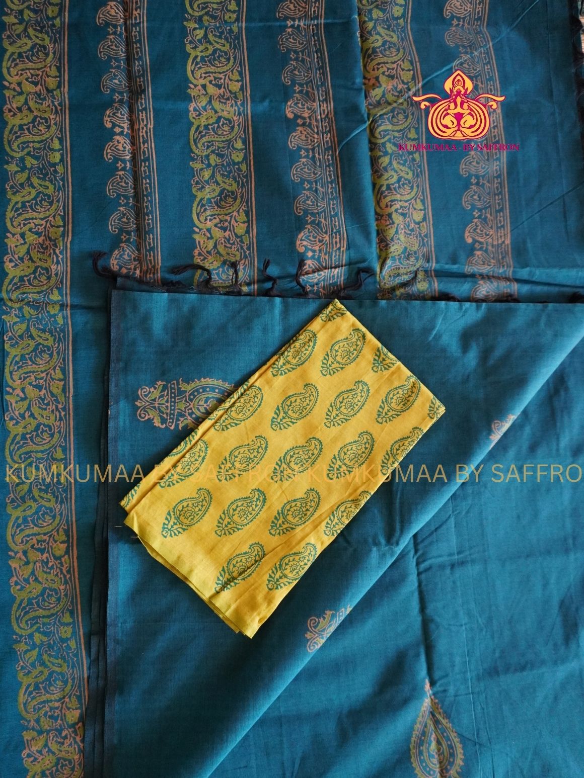 SOUTH COTTON-TEAL GREEN- OLIVE GREEN HAND BLOCK PRINTED SAREE WITH RUNNING BLOUSE PLUS ADDITIONAL BLOUSE PIECE-KUMKUMAA COMFORT WEAR SAREE