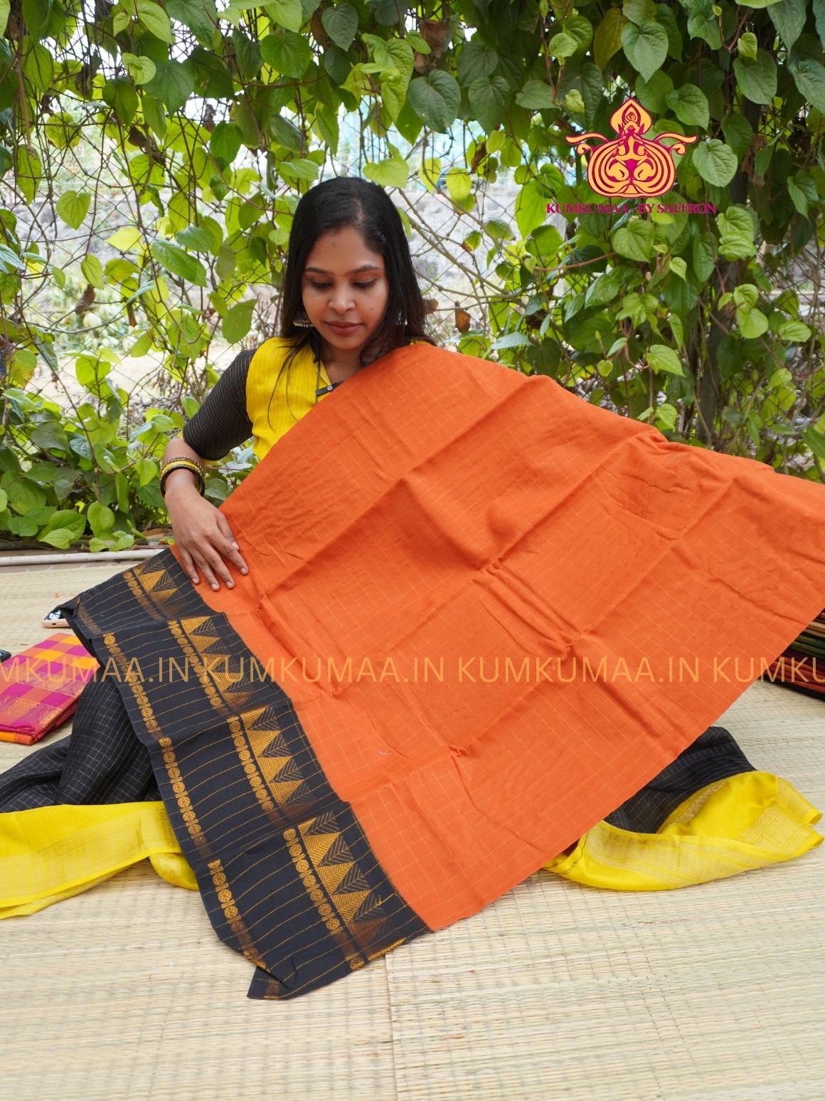 SUNGUDI COTTON- ORANGE WITH BLACK CHECKED WITH RETTAPET ZARI TEMPLE AND RUDHRAKSH BORDER - WITH BLOUSE - Kumkumaa comfort wear -Soft and breathable -Handloom