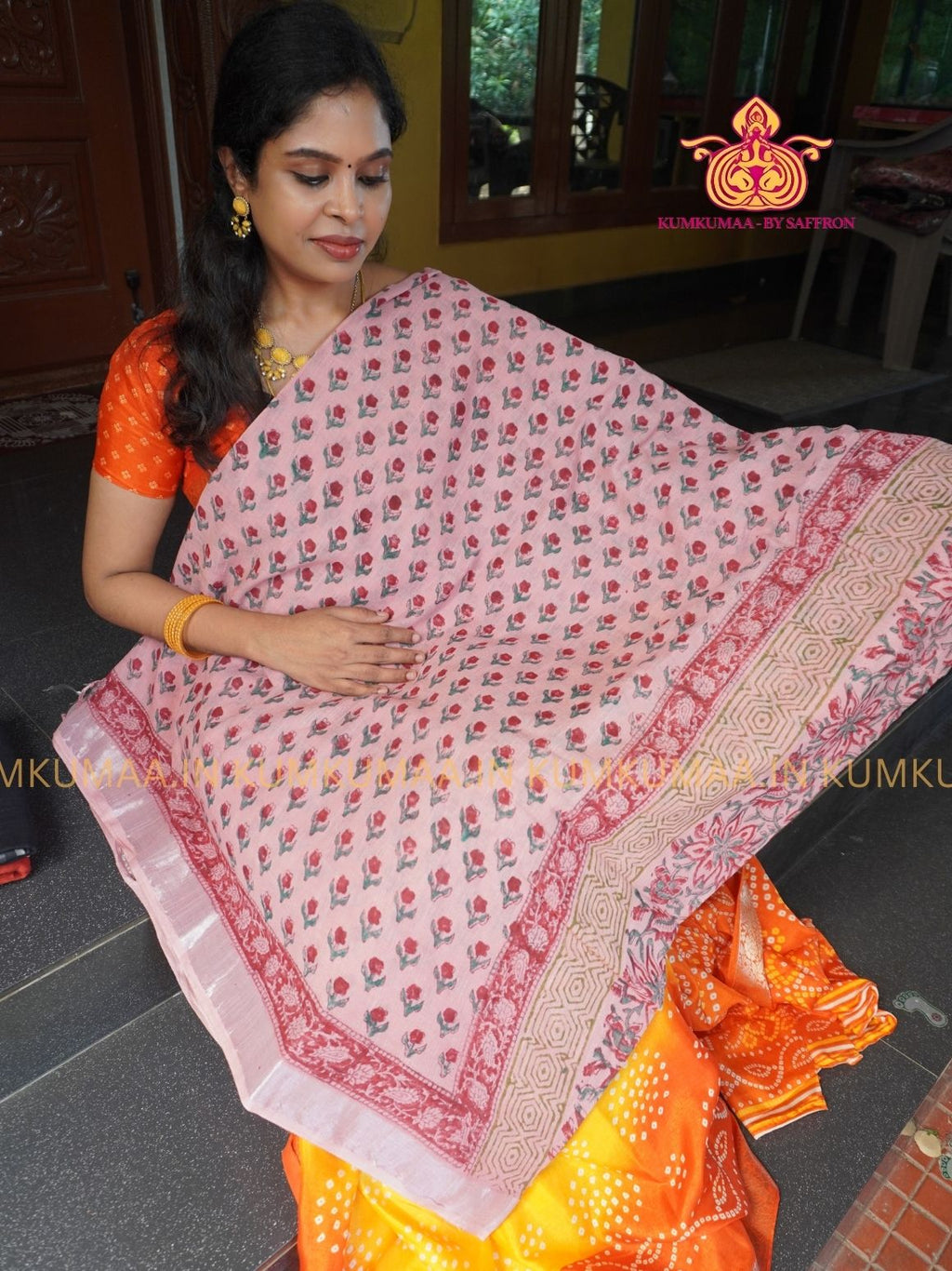 LINEN COTTON- BABY PINK WITH RED FLORAL DESIGN PRINTED SAREE- Soft and comfortable everyday wear saree - WITH BLOUSE - Kumkumaa exclusive - Comfort wear Collection- Trendy and comfortable