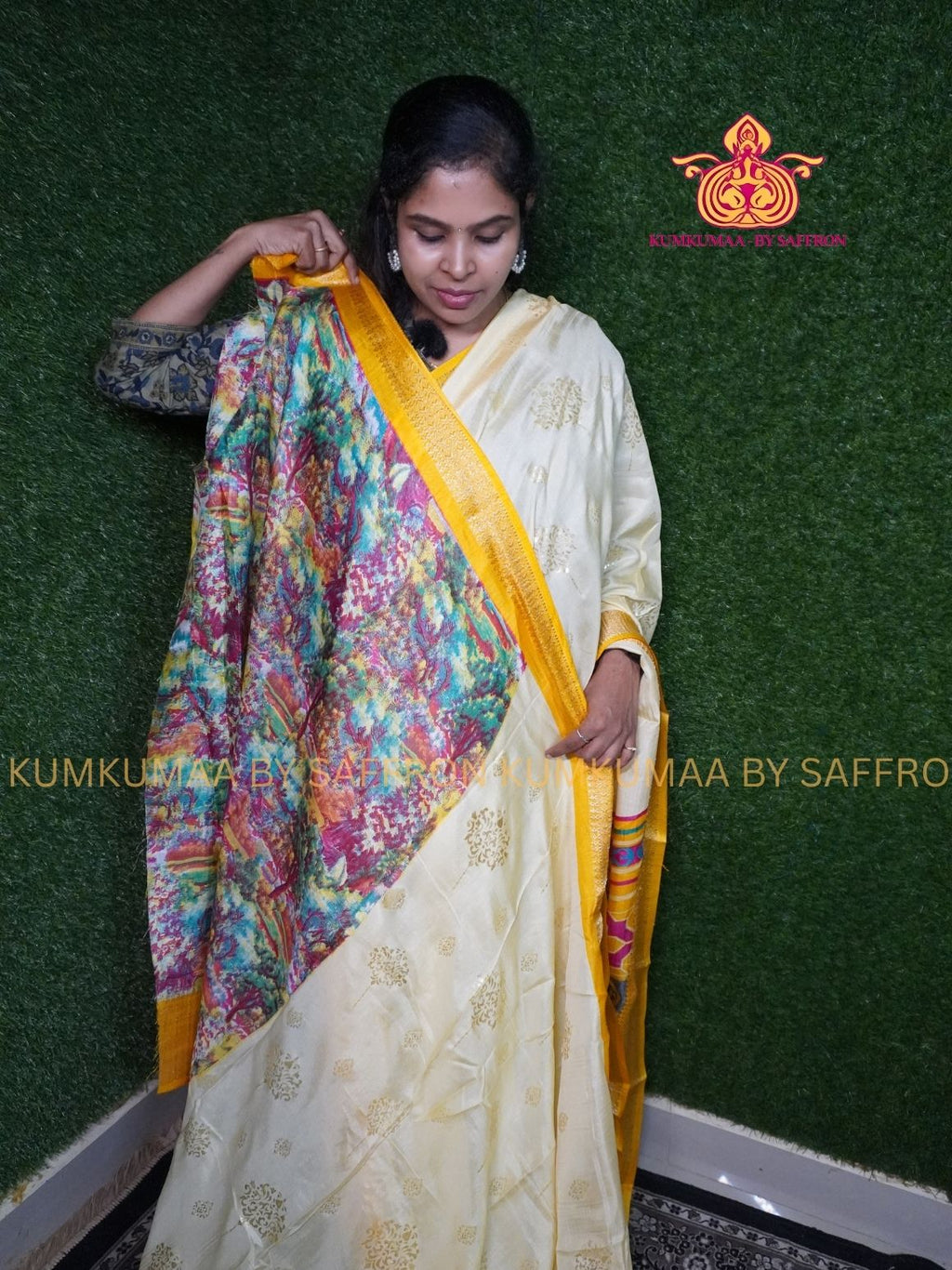 Dola Silk - COMFORTABLE FESTIVE Beautiful saree for women-OFF WHITE-YELLOW COLOUR - FOIL PRINT - ZARI BORDER - KUMKUMAA TRENDY TRADITIONAL WEAR - Comfort - Confidence - Elegance