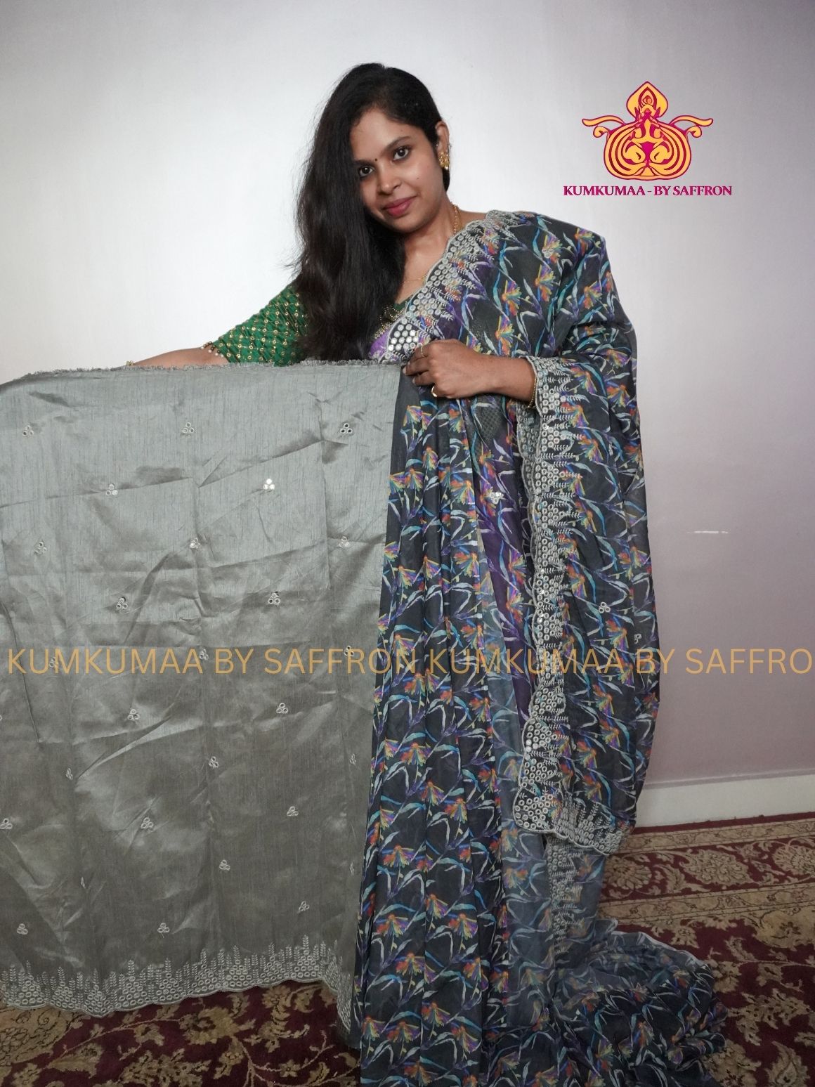 GEORGETTE- BLACK AND SILVER SAREE WITH MULTICOLOUR FLORAL DESIGN - PARTY WEAR - MIRROR WORK- EXCLUSIVE KUMKUMAA COLLECTION- FLOWY MATERIAL - CHIC AND GORGEOUS