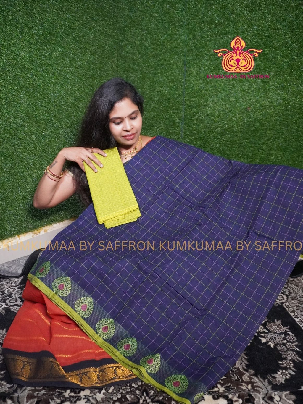 CHETTINAD COTTON -BLUE CHECKED SAREE WITH APPLE GREEN BORDER  - SOFT AND COMFORTABLE - Kumkumaa Exclusive COMFORT EVERYDAY SAREE