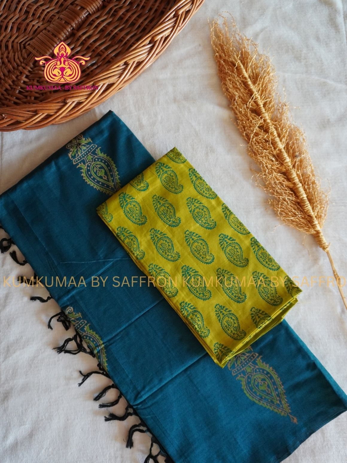 SOUTH COTTON-TEAL GREEN- OLIVE GREEN HAND BLOCK PRINTED SAREE WITH RUNNING BLOUSE PLUS ADDITIONAL BLOUSE PIECE-KUMKUMAA COMFORT WEAR SAREE