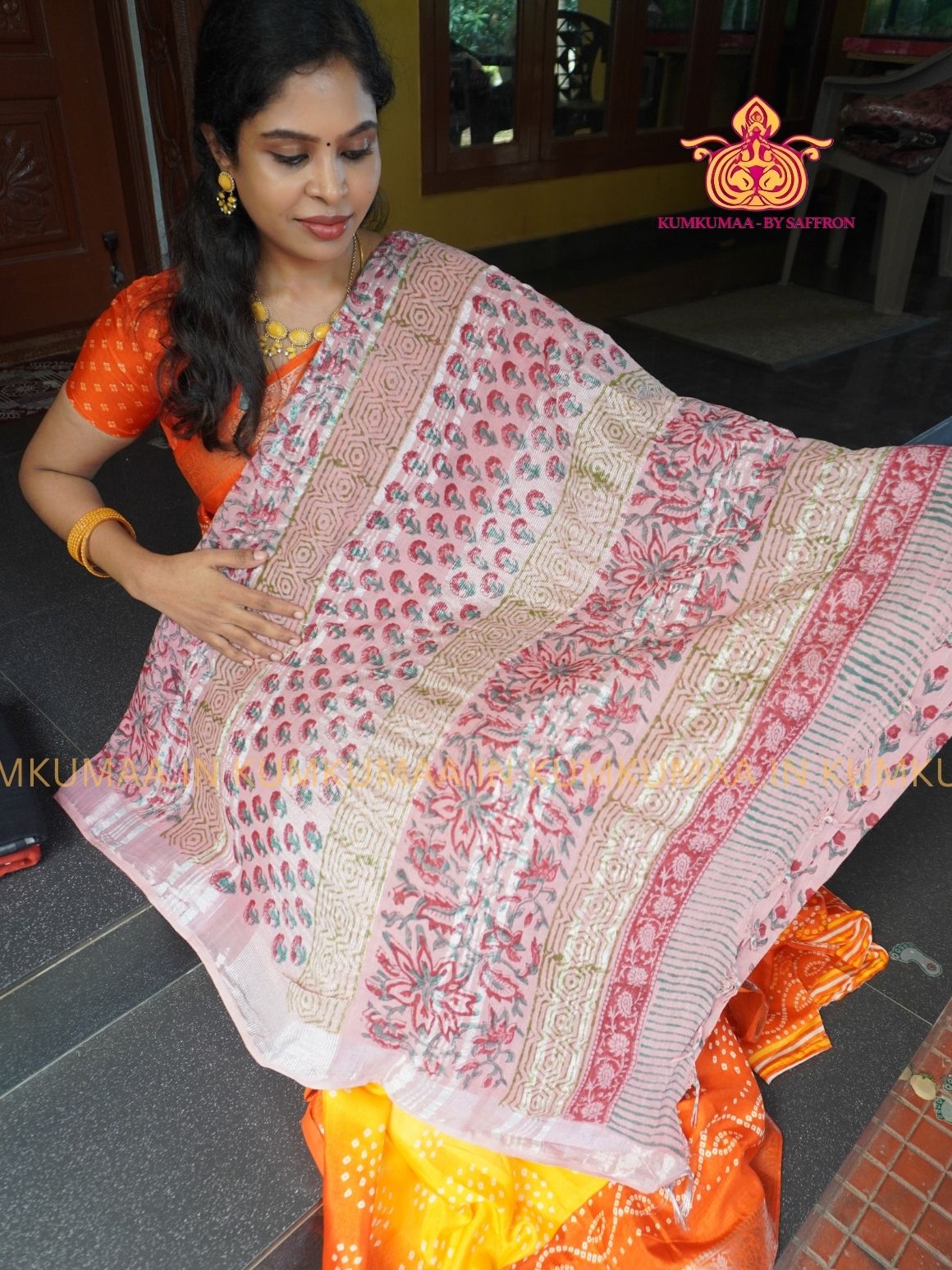 LINEN COTTON- BABY PINK WITH RED FLORAL DESIGN PRINTED SAREE- Soft and comfortable everyday wear saree - WITH BLOUSE - Kumkumaa exclusive - Comfort wear Collection- Trendy and comfortable