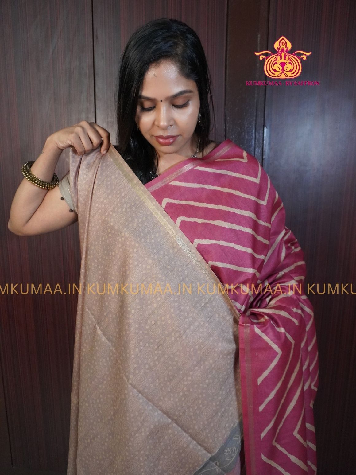 TUSSAR SILK - PINK COLOUR ZIG ZAG DESIGN SAREE- MEHANDI DESIGN PALLU - LATEST COLLECTION - KUMKUMAA BY SAFFRON - UNIQUE DESIGN