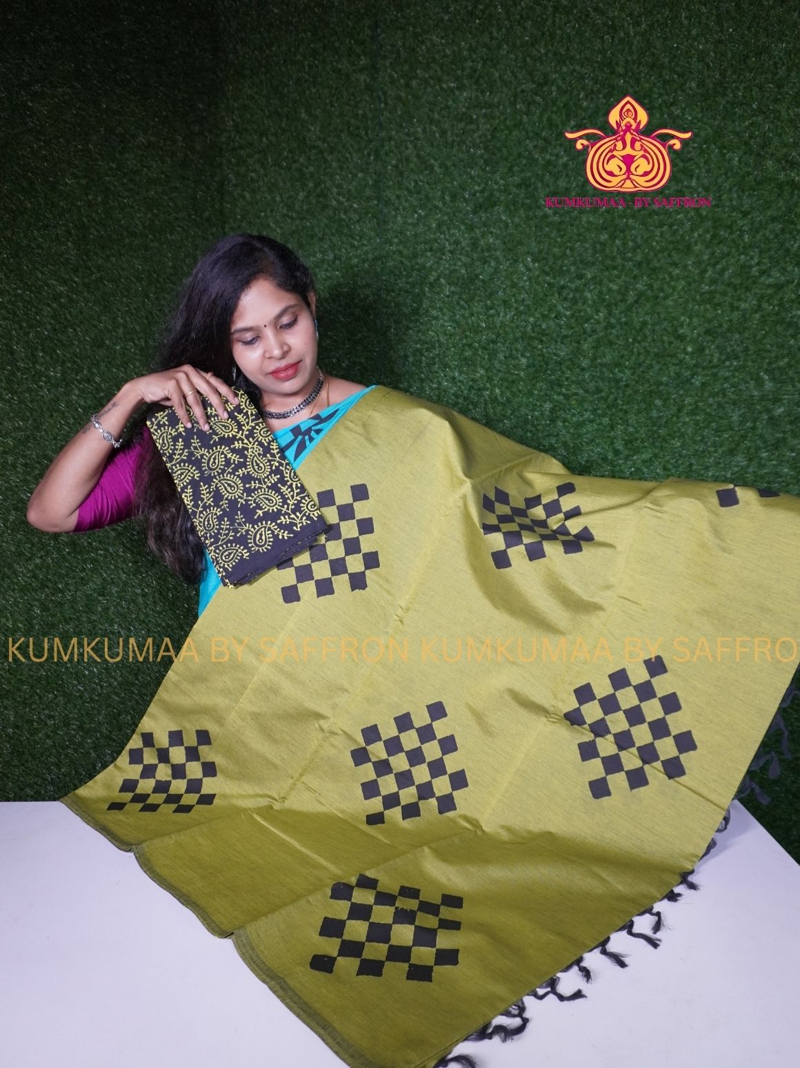 SOUTH COTTON-OLIVE GREEN- BLACK HAND BLOCK PRINTED SAREE WITH RUNNING BLOUSE PLUS ADDITIONAL BLOUSE PIECE-KUMKUMAA COMFORT WEAR SAREE
