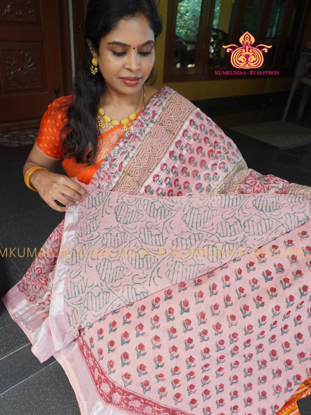 LINEN COTTON- BABY PINK WITH RED FLORAL DESIGN PRINTED SAREE- Soft and comfortable everyday wear saree - WITH BLOUSE - Kumkumaa exclusive - Comfort wear Collection- Trendy and comfortable