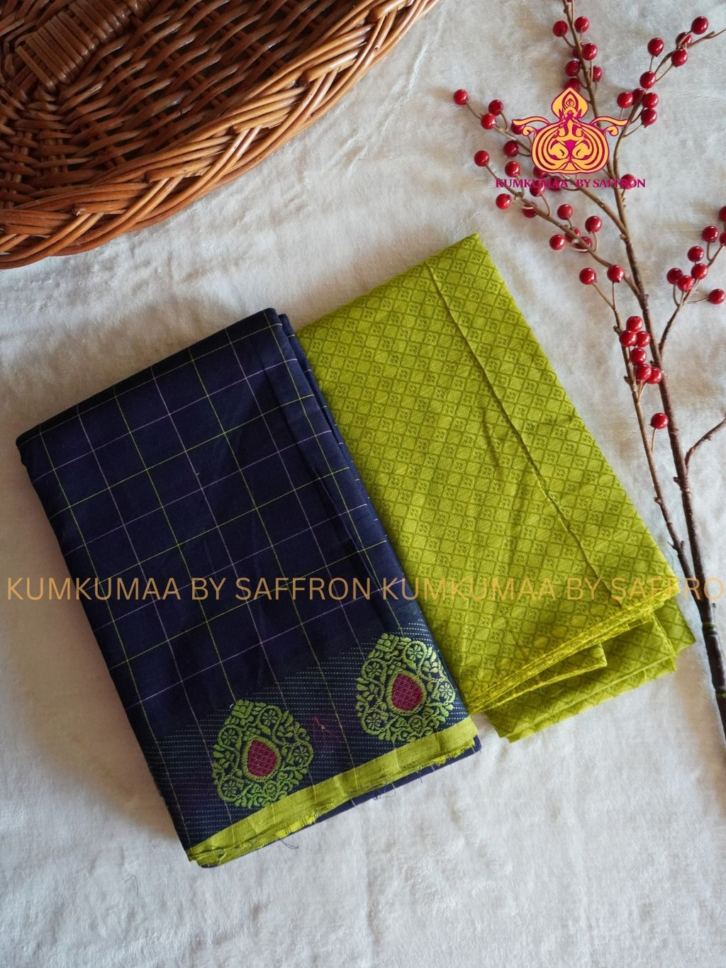 CHETTINAD COTTON -BLUE CHECKED SAREE WITH APPLE GREEN BORDER  - SOFT AND COMFORTABLE - Kumkumaa Exclusive COMFORT EVERYDAY SAREE