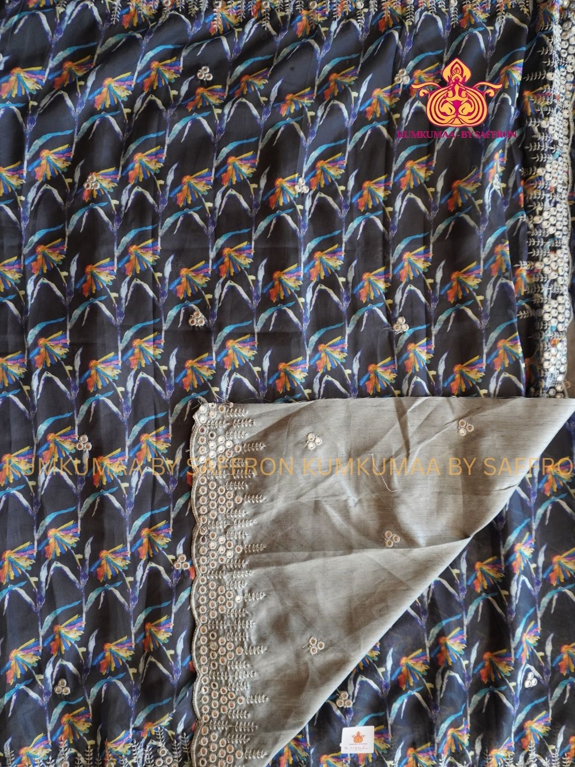 GEORGETTE- BLACK AND SILVER SAREE WITH MULTICOLOUR FLORAL DESIGN - PARTY WEAR - MIRROR WORK- EXCLUSIVE KUMKUMAA COLLECTION- FLOWY MATERIAL - CHIC AND GORGEOUS