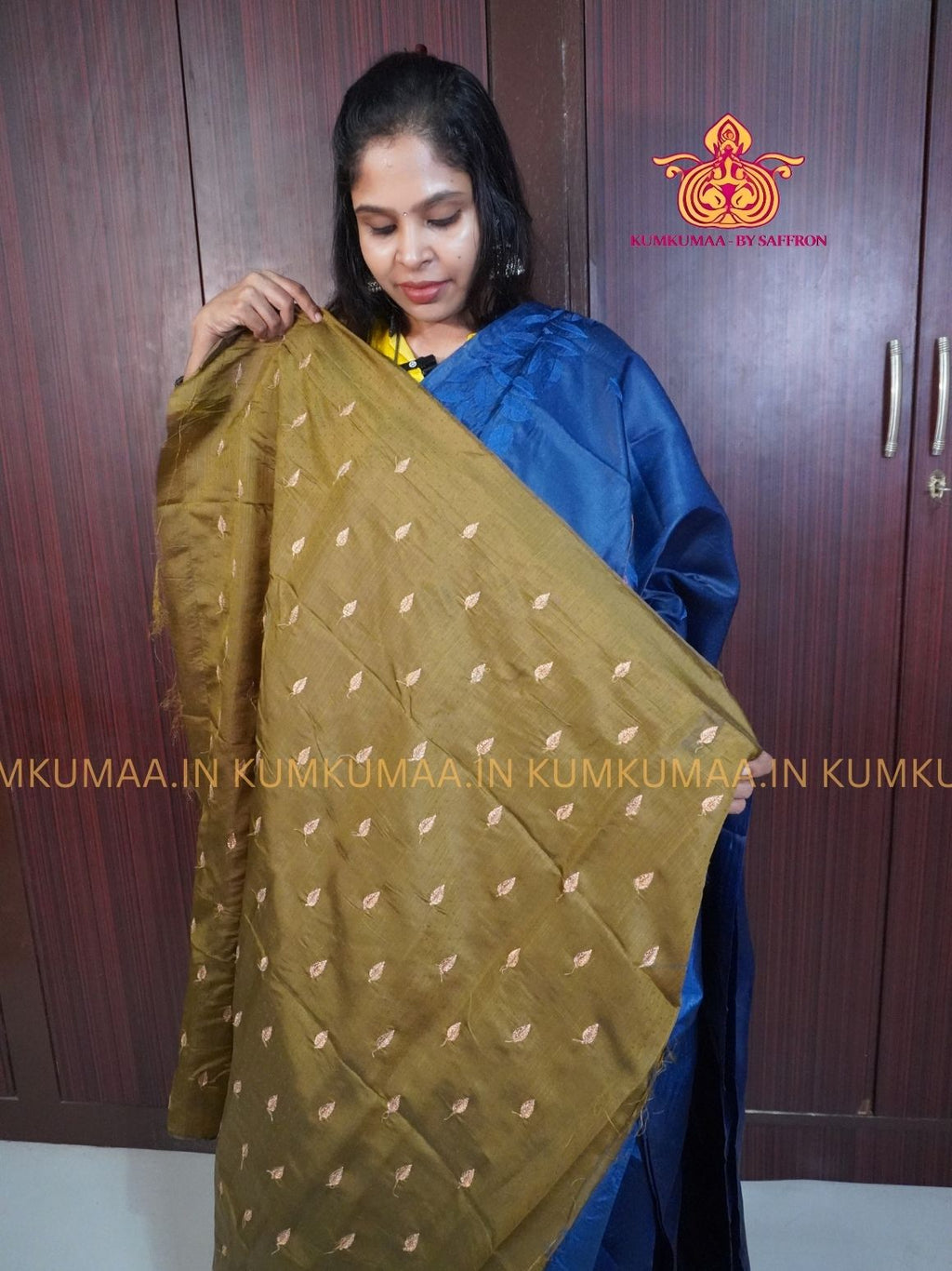 BUTTERSILK TUSSAR - NAVY BLUE COLOUR - LEAF DESIGN SELF EMBROIDERED SAREE - EMBOSED SELF DESIGN - LATEST COLLECTION - KUMKUMAA BY SAFFRON - UNIQUE DESIGN