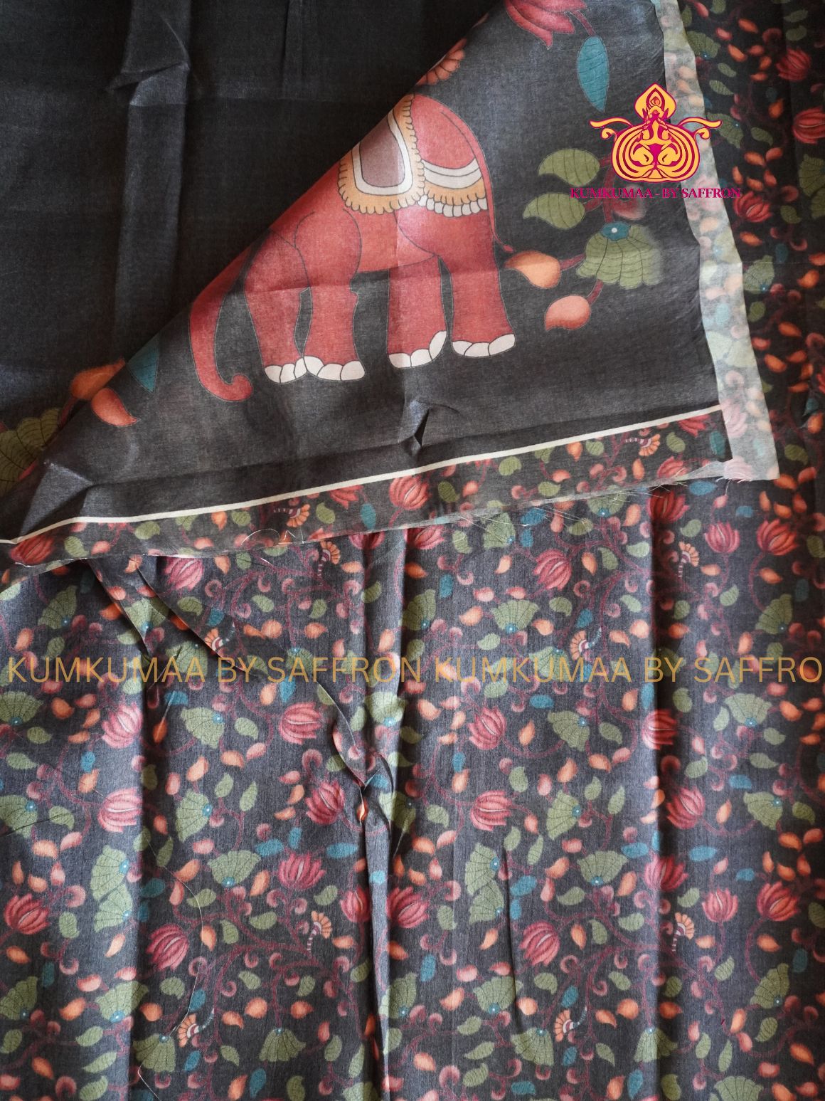 TUSSAR SILK -FOREST GREEN - CREEPER &amp; ELEPHANT PRINTED SAREE - WITHOUT BORDER - LATEST COLLECTION - KUMKUMAA BY SAFFRON - UNIQUE DESIGN