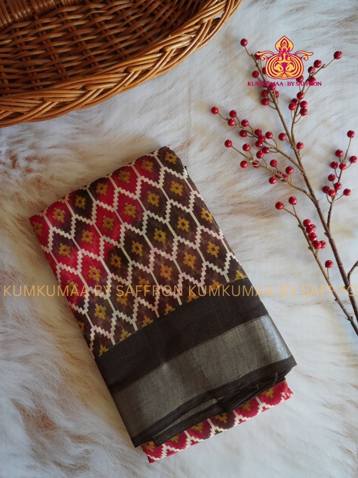 SOFT COTTON - RED AND BROWN - HONEY COMB DESIGN SAREE - ZARI MINIMALIST BORDER - LATEST COLLECTION - KUMKUMAA BY SAFFRON - UNIQUE DESIGN