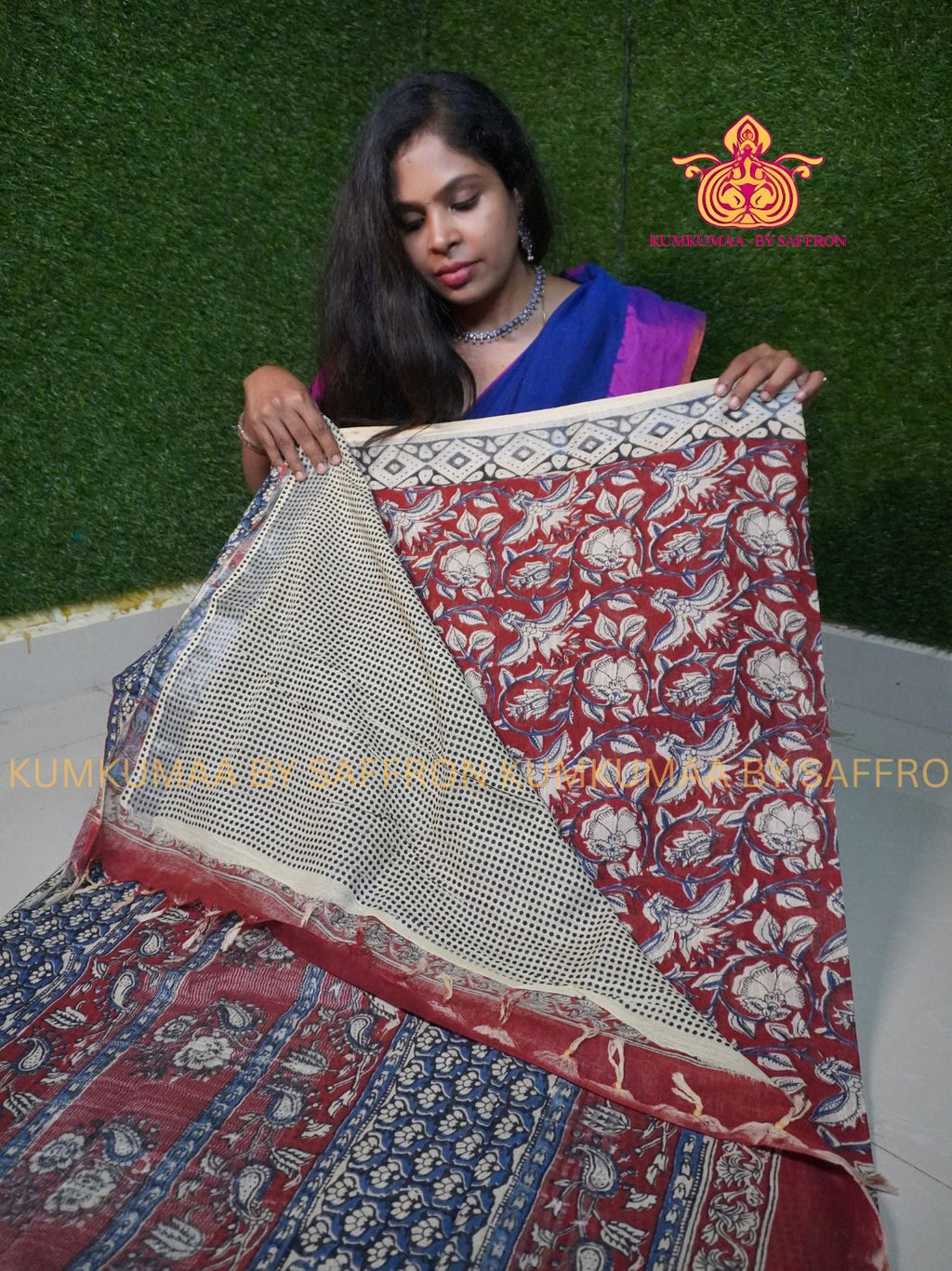 LINEN COTTON- MAROON WITH WHITE COLOUR SAREE- KALAMKARI DESIGN - Soft and comfortable everyday wear saree - WITH BLOUSE - Kumkumaa exclusive - Comfort wear Collection- Trendy and comfortable