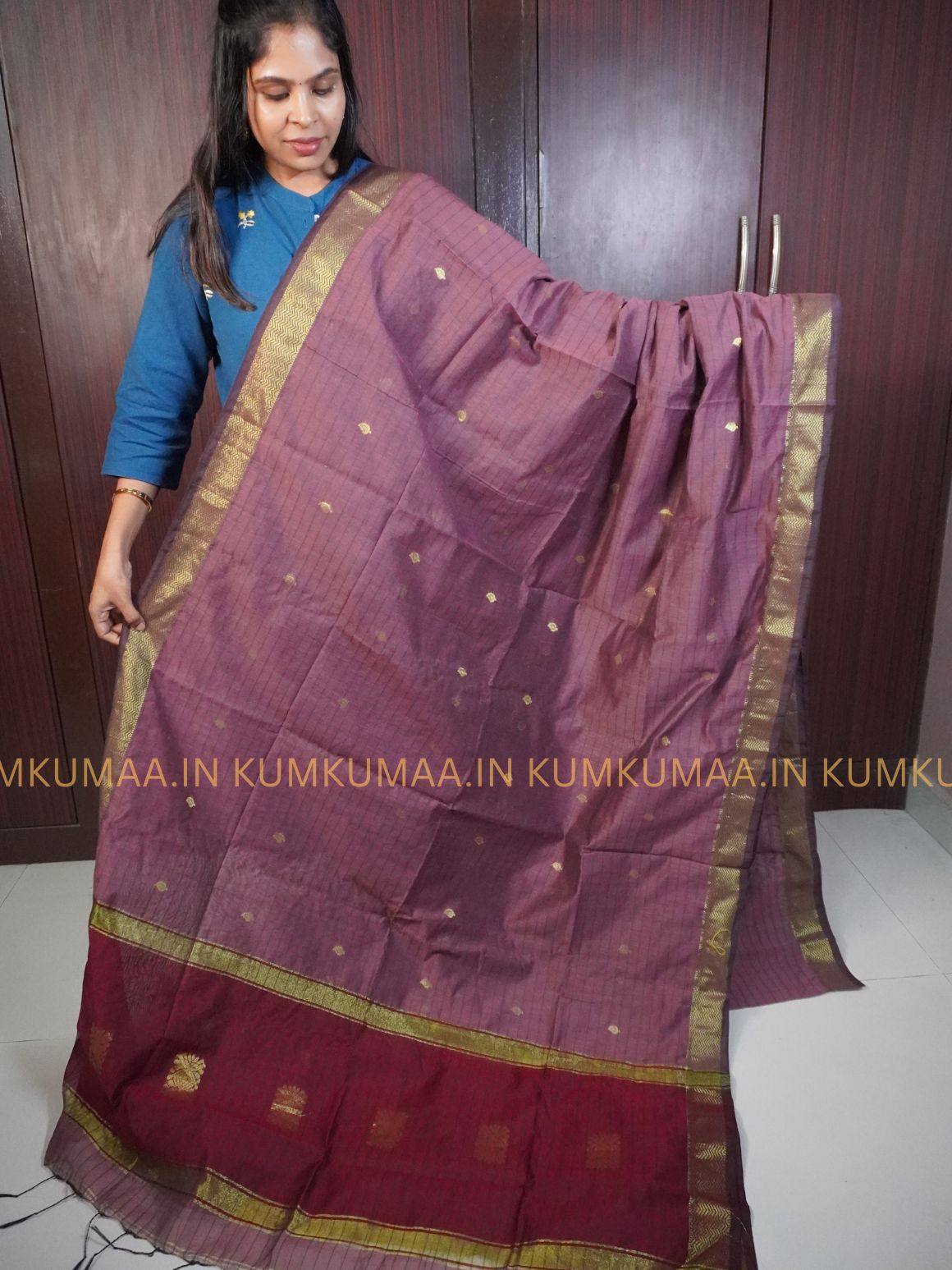 MAHESHWARI COTTON- DUSTY ROSE AND RED COLOUR STRIPED PRINT SAREE WITH BLOUSE - TRENDY - FLORAL DESIGN - Kumkumaa Exclusive COLLECTION - LATEST ELEGANT SAREE