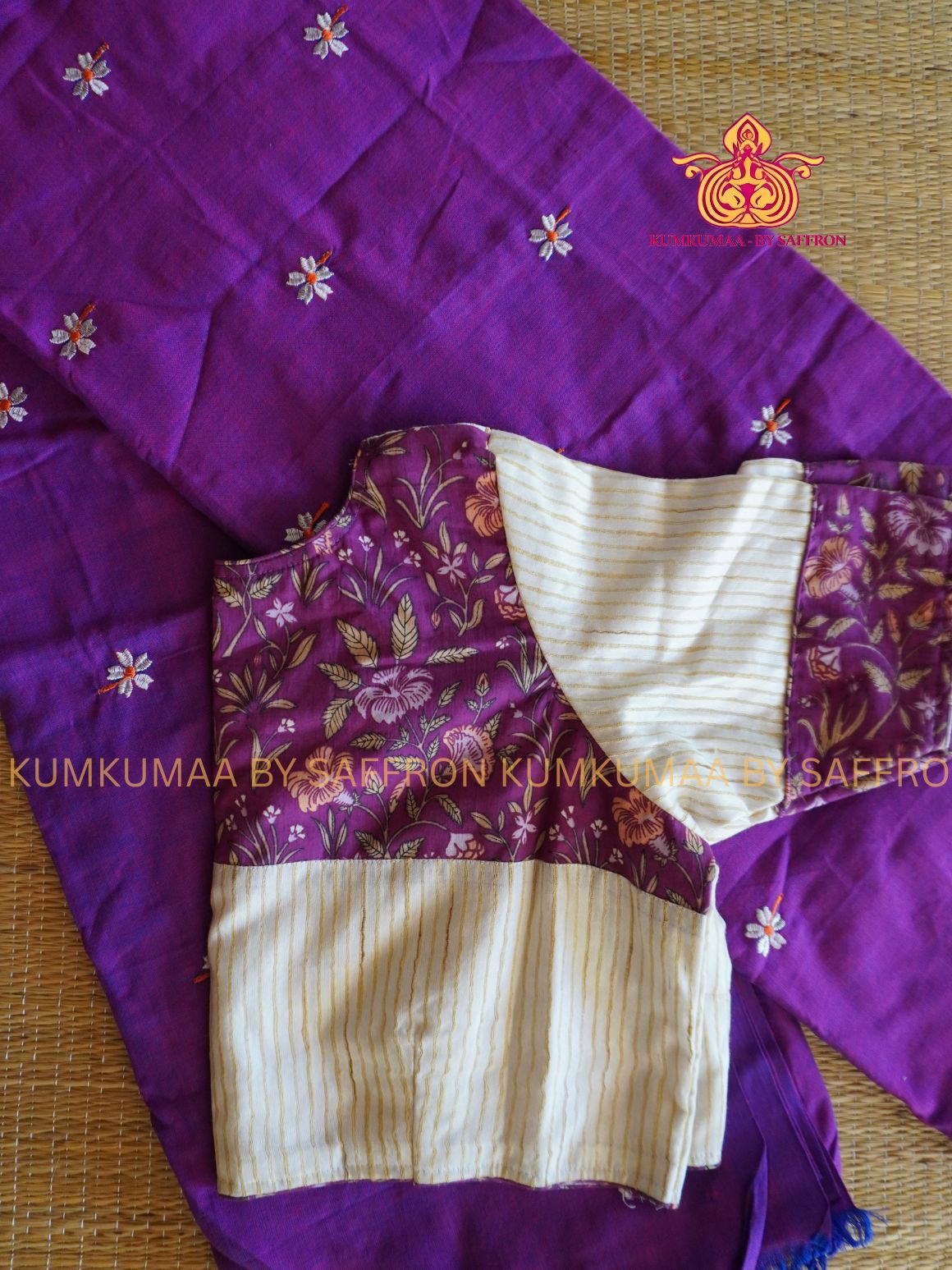 KATHI COTTON-PURPLE SAREE WITH WHITE FLORAL EMBROIDERY- FULLY STITCHED BLOUSE WITH LINING - Kumkumaa Exclusive SOFT KADHI COTTON - FANCY COMFORT