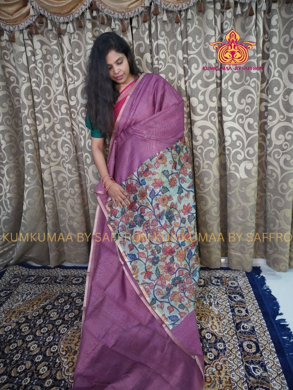 CHANDERI COTTON - ROSE GOLD - FLORAL BLOUSE PIECE AND PALLU- PROFESSIONAL WEAR- MINIMALIST BORDER - LATEST COLLECTION - KUMKUMAA BY SAFFRON - ELITE DESIGN