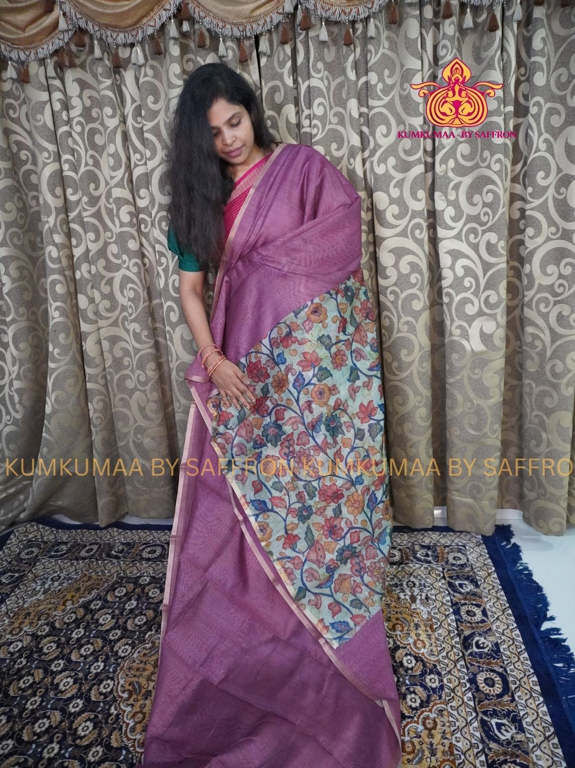 CHANDERI COTTON - ROSE GOLD - FLORAL BLOUSE PIECE AND PALLU- PROFESSIONAL WEAR- MINIMALIST BORDER - LATEST COLLECTION - KUMKUMAA BY SAFFRON - ELITE DESIGN