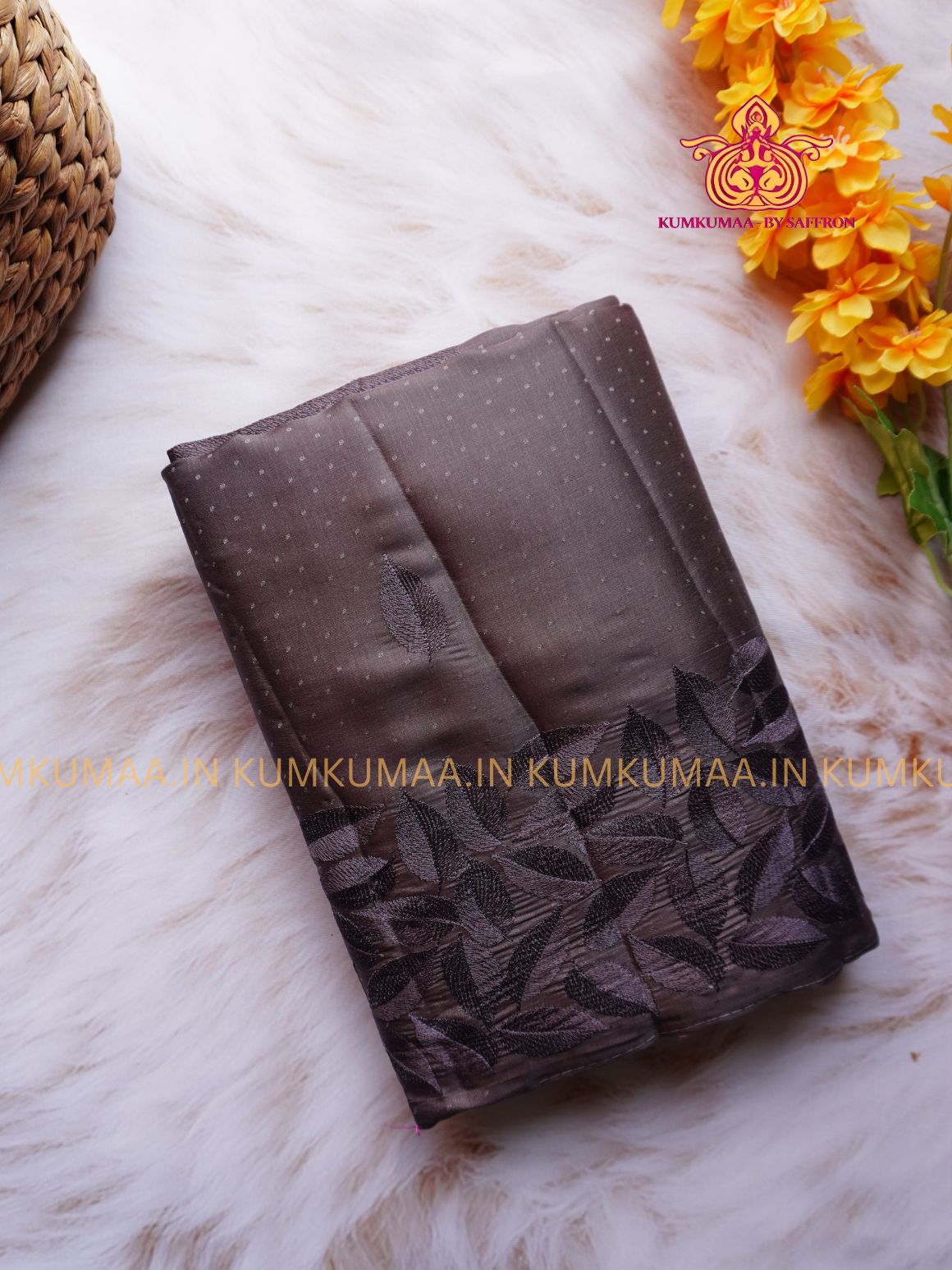 BUTTERSILK TUSSAR - BROWN COLOUR - LEAF DESIGN SELF EMBROIDERED SAREE - EMBOSED SELF DESIGN - LATEST COLLECTION - KUMKUMAA BY SAFFRON - UNIQUE DESIGN