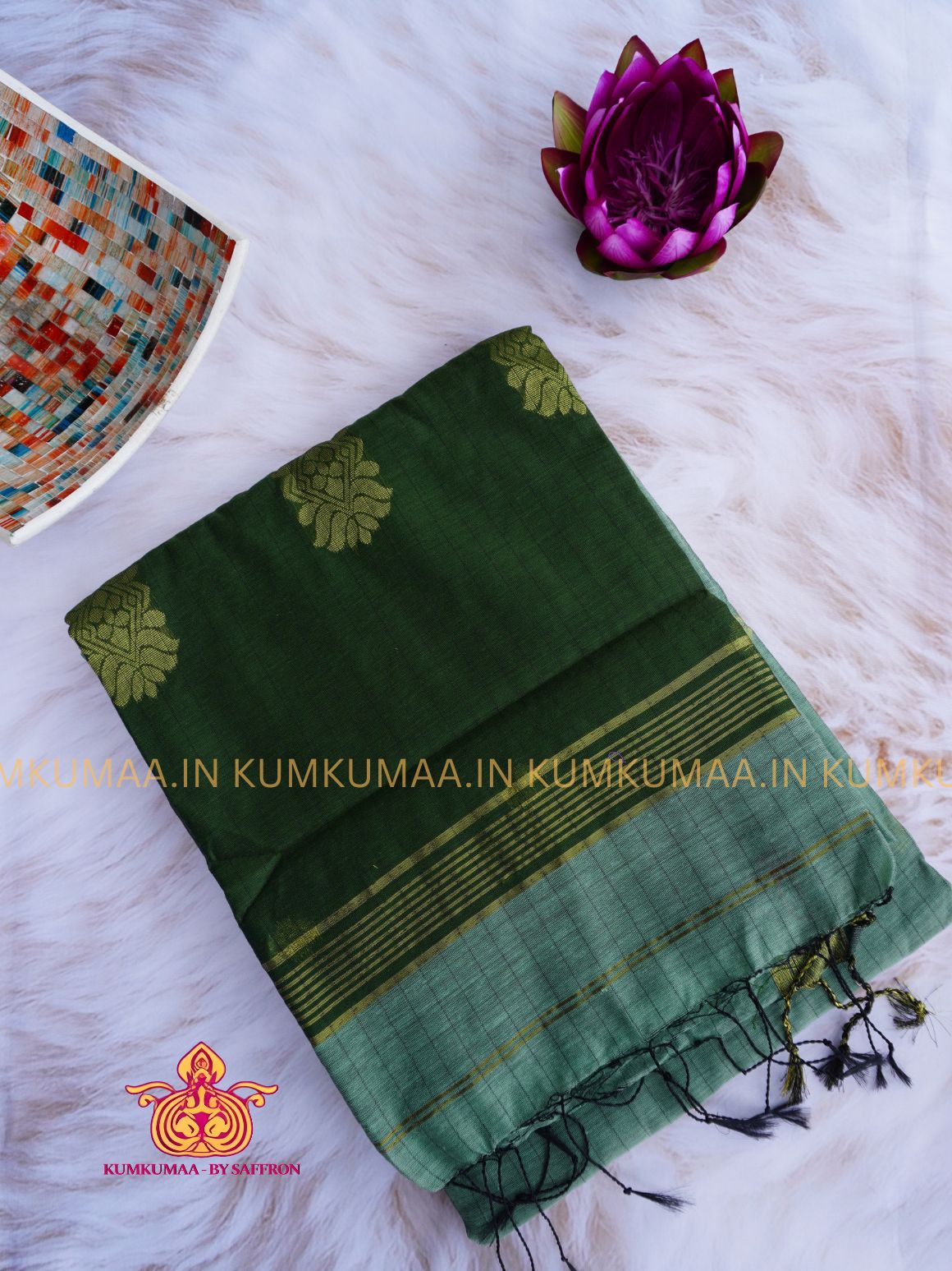 PURE COTTON- GRAY BLUE AND GREEN COLOUR STRIPED PRINT SAREE WITH BLOUSE - TRENDY - FLORAL DESIGN - Kumkumaa Exclusive COLLECTION - LATEST ELEGANT SAREE