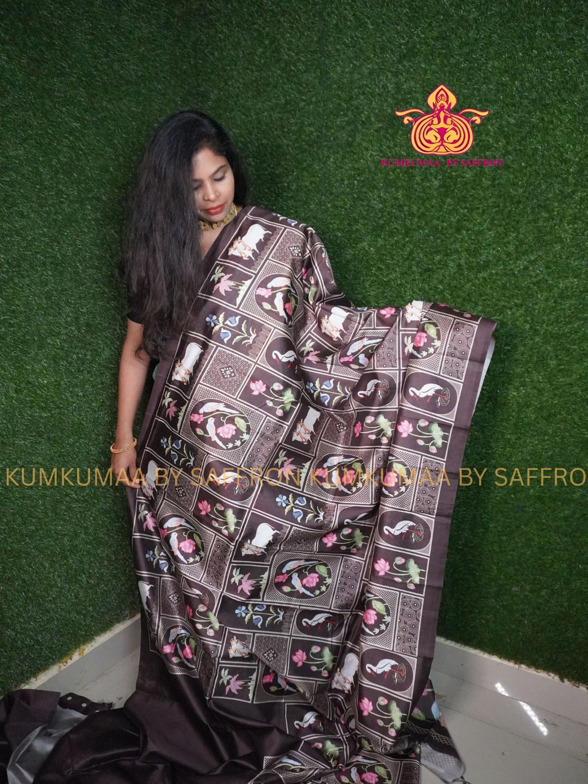 TUSSAR SILK - DARK BROWN - PICHWAI PRINTED SAREE - WITHOUT BORDER - LATEST COLLECTION - KUMKUMAA BY SAFFRON - UNIQUE DESIGN