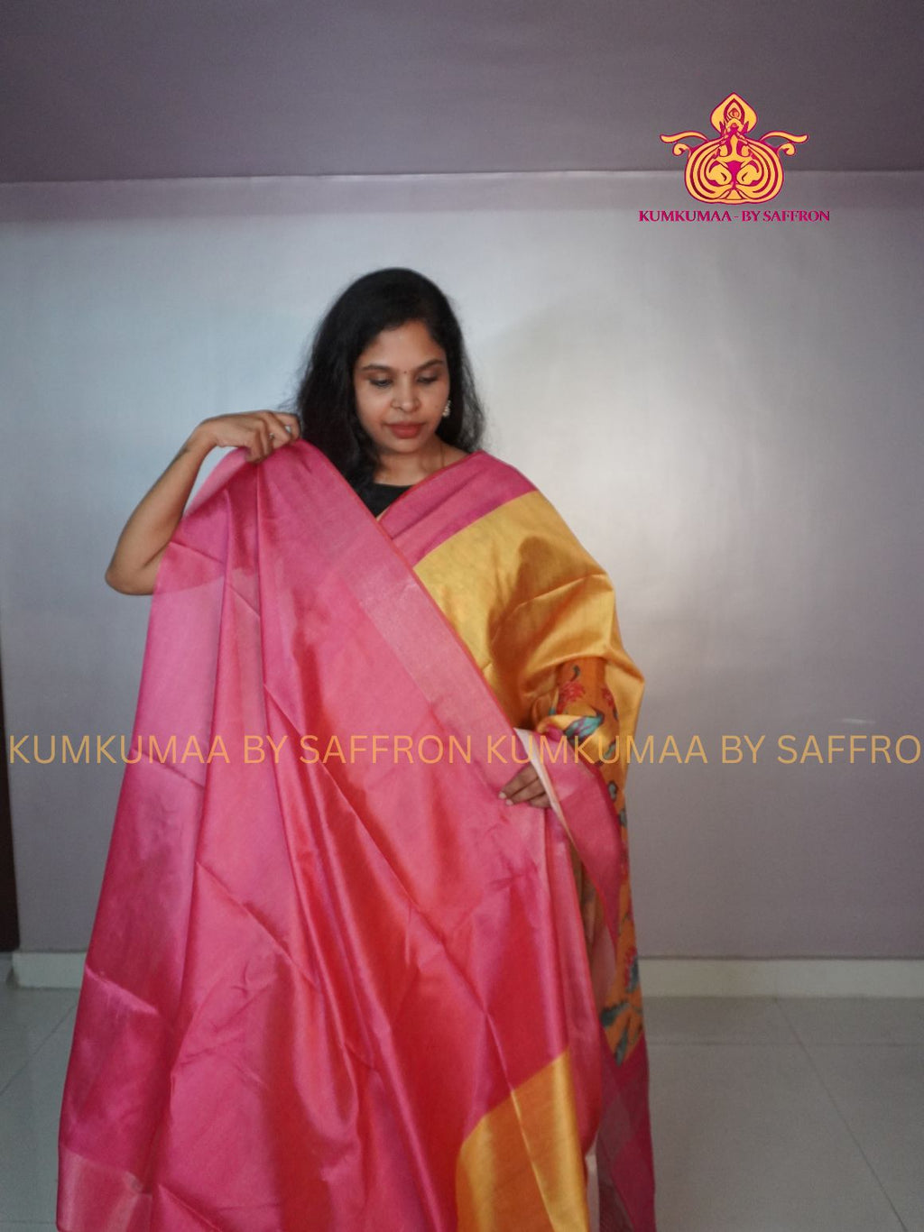 TUSSAR SILK - YELLOW AND PINK - FLOWER DESIGN SAREE - WITHOUT BORDER - LATEST COLLECTION - KUMKUMAA BY SAFFRON - UNIQUE DESIGN