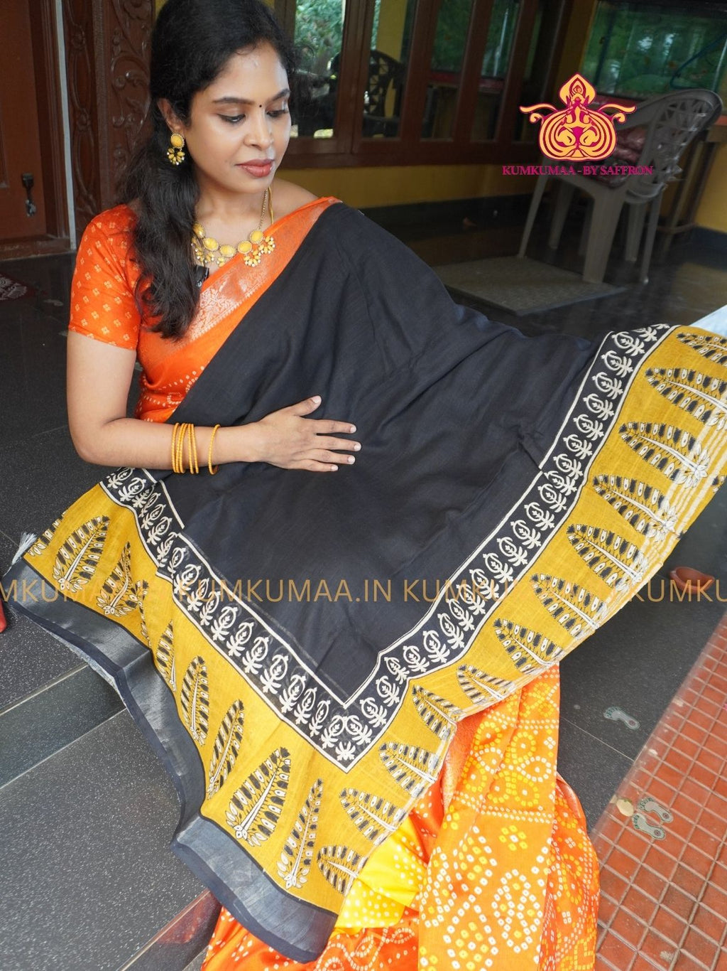 LINEN COTTON- BLACK WITH YELLOW FLORAL DESIGN PRINTED SAREE- Soft and comfortable everyday wear saree - WITH BLOUSE - Kumkumaa exclusive - Comfort wear Collection- Trendy and comfortable