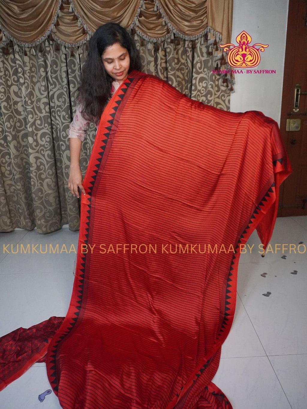 MODAL SILK - RED WITH BLACK- STRIPES DESIGN - TRENDY WEAR- LATEST COLLECTION - BUTTERY SOFT-KUMKUMAA BY SAFFRON - MODERN WEAR