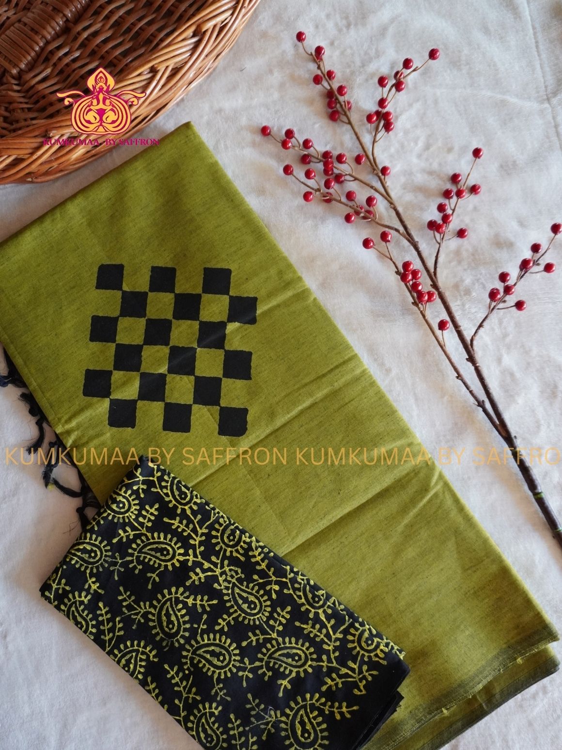 SOUTH COTTON-OLIVE GREEN- BLACK HAND BLOCK PRINTED SAREE WITH RUNNING BLOUSE PLUS ADDITIONAL BLOUSE PIECE-KUMKUMAA COMFORT WEAR SAREE