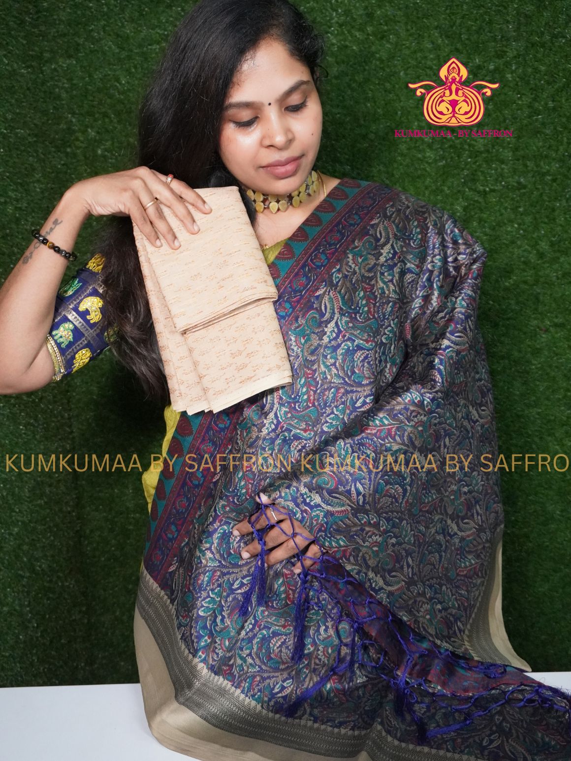 FANCY SAREE - BLUE WITH BEIGE - MANGO SELF DESIGN WITH FANCY BORDER- TRENDY WEAR SAREE- Beautiful saree for women - KUMKUMAA FANCY FOR ALL OCCASION